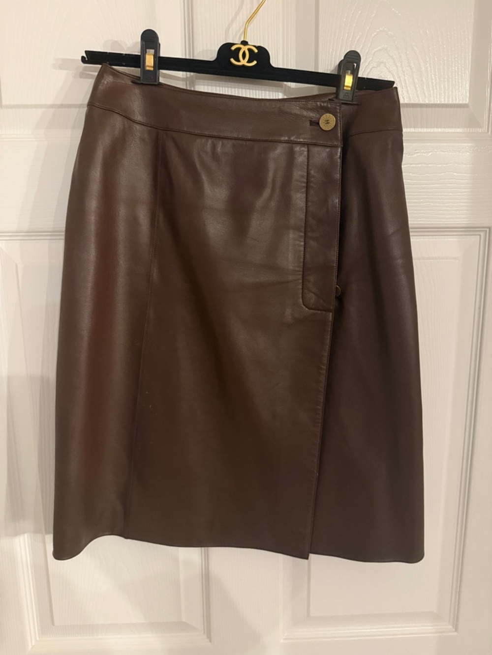 CHANEL Brown Leather Midi Wrap Skirt